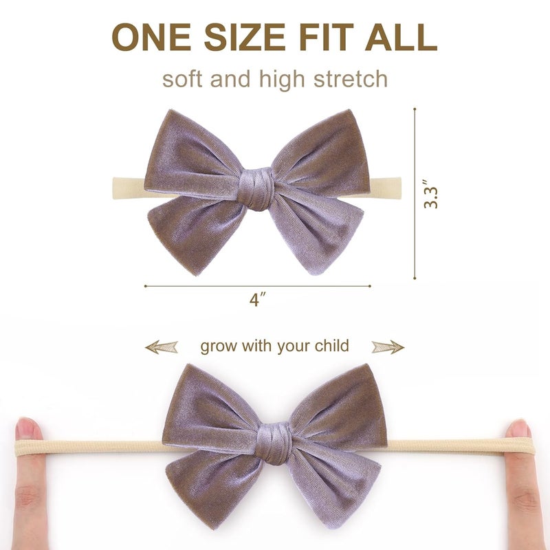 ONENINEDREAM 4'' Baby Velvet Gloss Bows Handmade Headbands Tied Bow Elastic Nylon Hair Accessories for Baby Girls Newborn Infant 3 Pcs Purple Turmeric Brown - Image 4